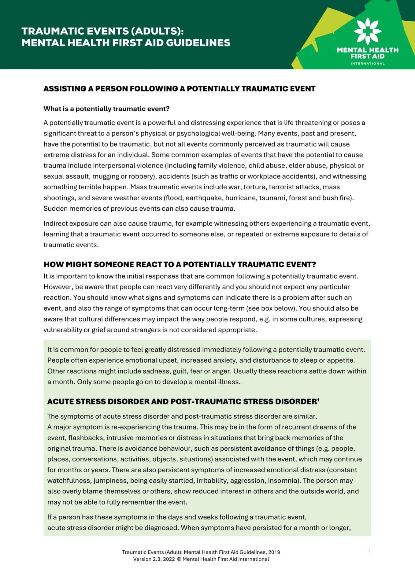 Traumatic Events Adult Mental Health First Aid Guidelines