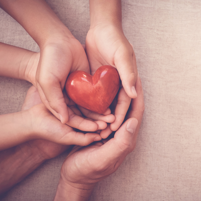 Man, woman and child's hands holding a red wooden heart gently